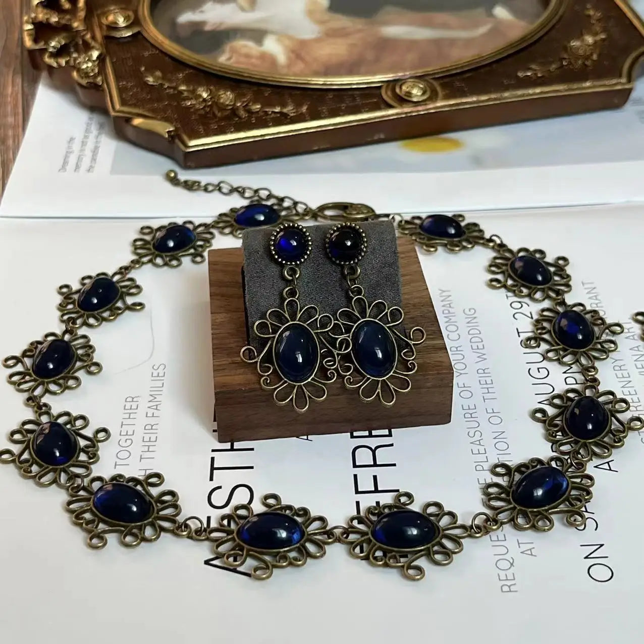 Historical Queen Anne Boleyn Handmade Glaze Necklace Earrings Bracelet Tudor Style Blue Red Necklace Costume Accessories